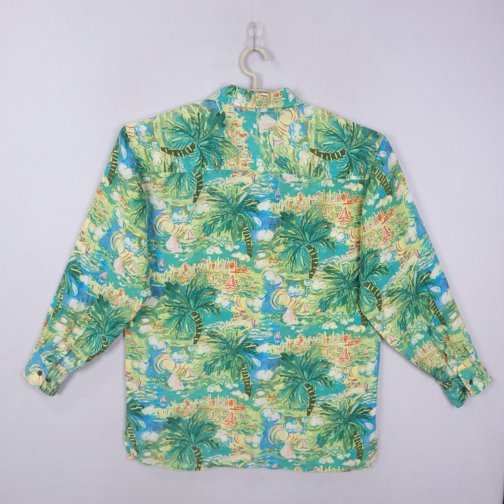 Robert Stock Shirt Mens Large Green Tropical Palm Tree Sailboat Button Front - Picture 7 of 13